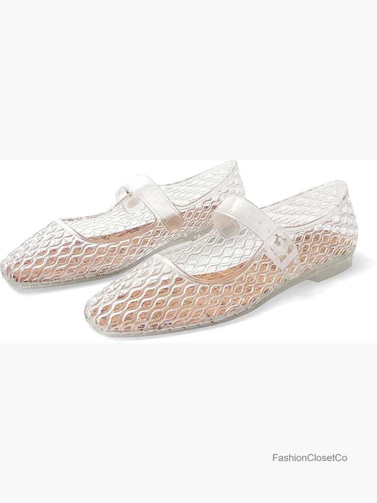 Jelly Ballet Flats Square Toe Mary Jane Shoes Buckle Closure Non-Slip